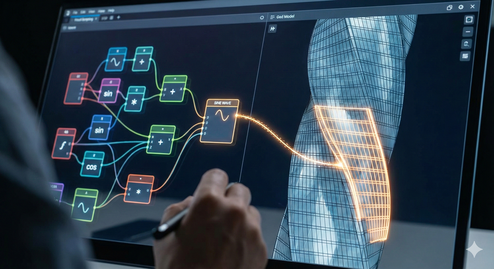 A visual scripting interface demonstrating the algorithmic logic behind Parametric Design in architecture.