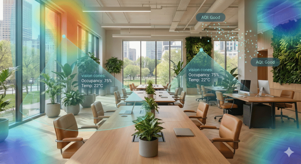 A visualization of IoT in Smart Buildings showing invisible sensor data layers analyzing occupancy and air quality in a modern office.