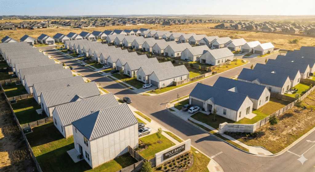 Aerial view of the Wolf Ranch community in Texas, the world's largest neighborhood of 3D printed homes.