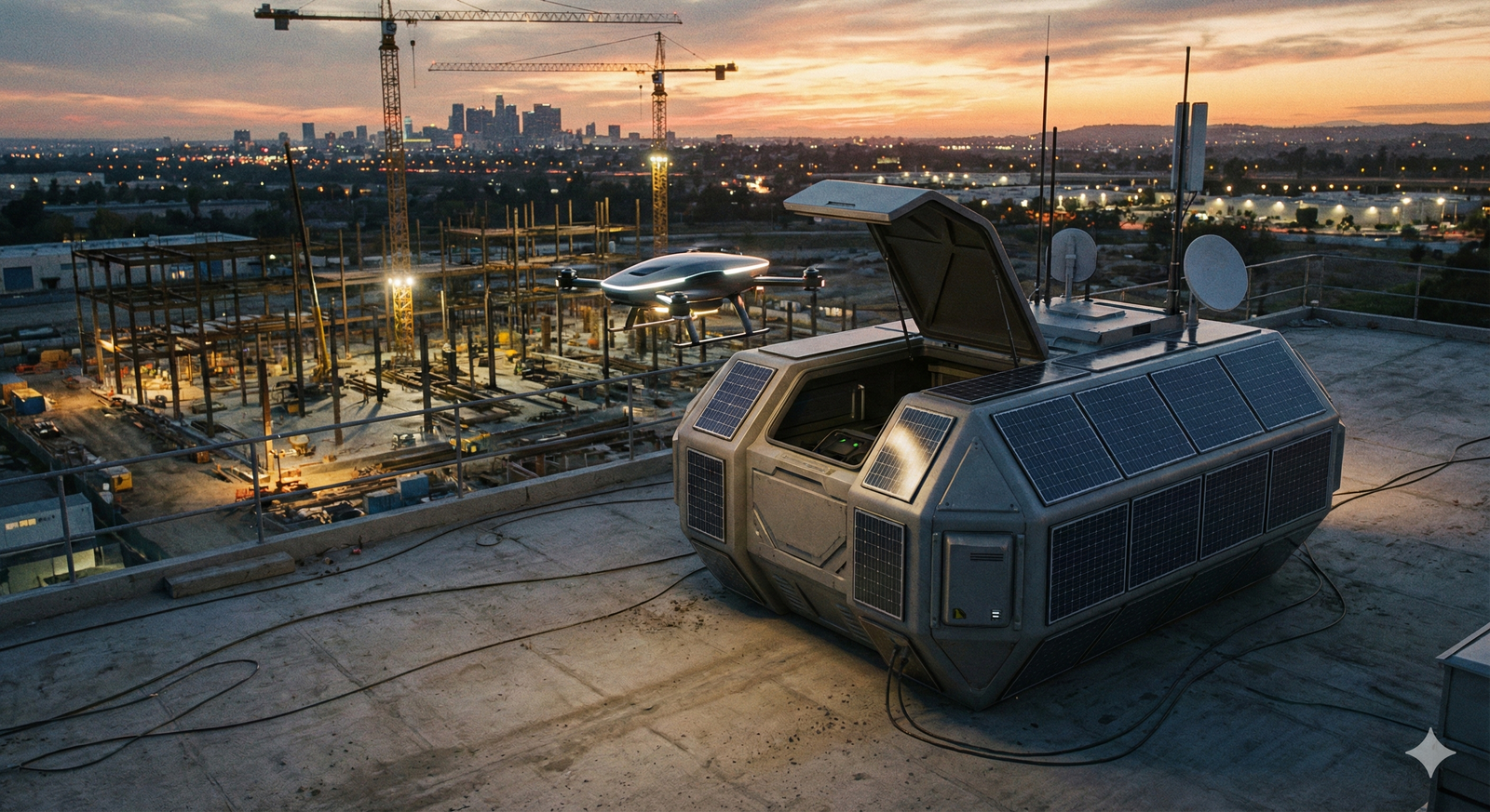 An autonomous Drone-in-a-Box station deploying a Construction Drone for a scheduled site patrol without a human pilot.