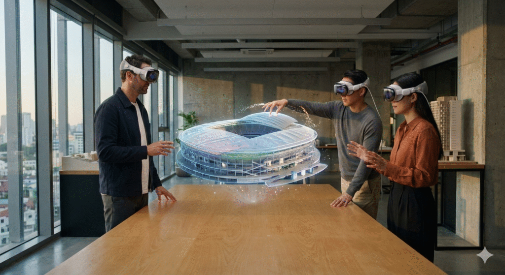 Architects using Mixed Reality headsets to collaborate on a holographic 3D model, showcasing the collaborative power of AR & VR in Architecture.