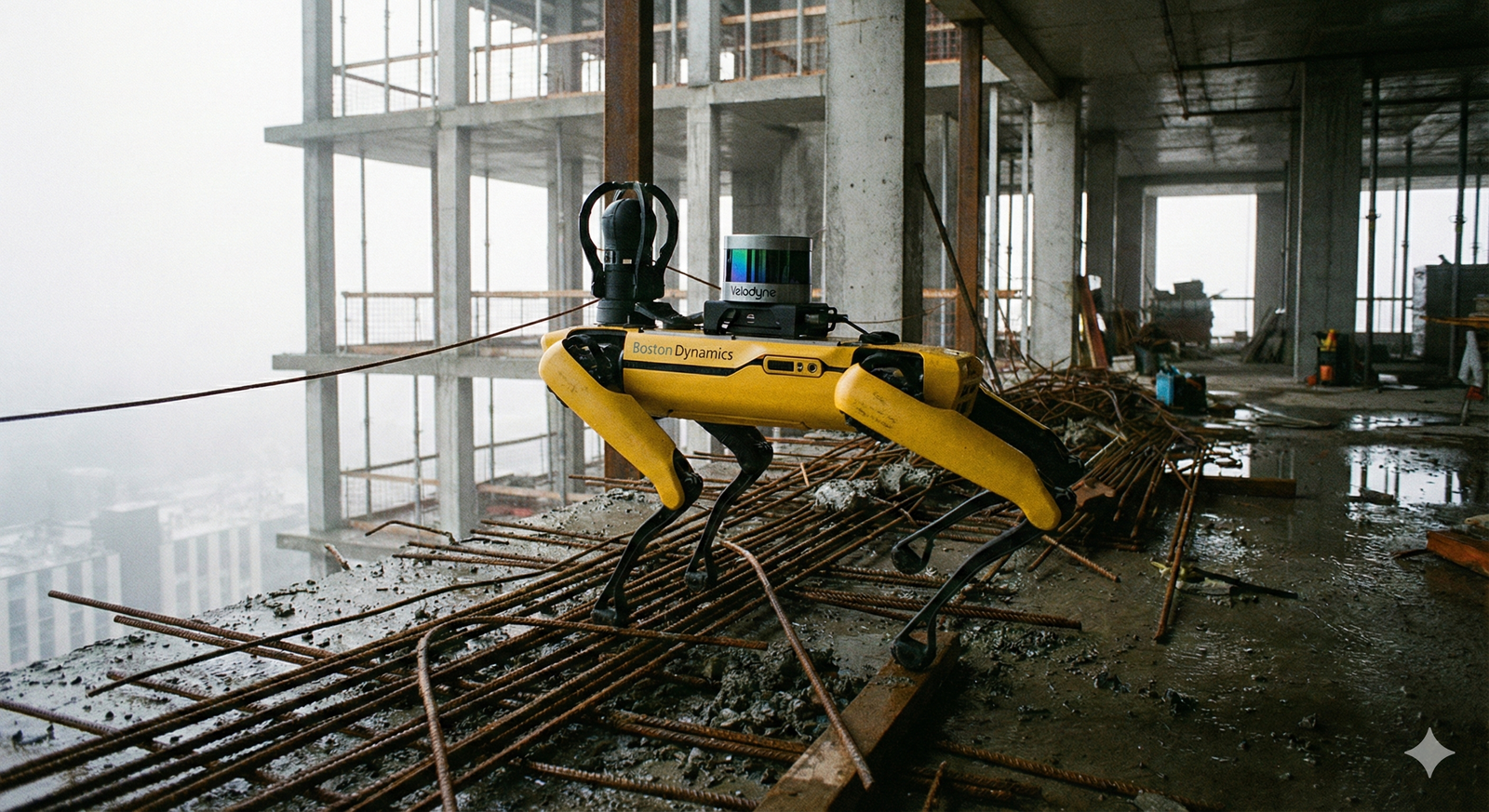 Boston Dynamics' Spot robot equipped with LiDAR sensors performing an autonomous inspection on a complex construction site.