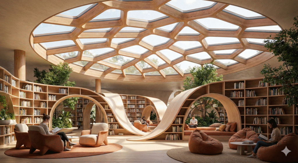 Interior of a modern library featuring an organic ceiling structure created using Generative Design in Architecture to optimize natural light.