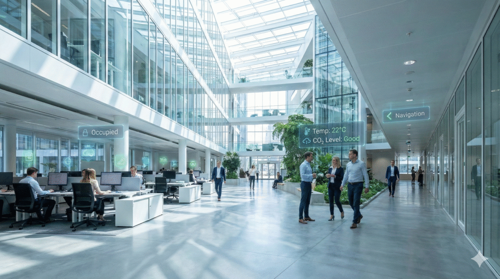 Interior view of a smart office building using Digital Twin Technology to monitor occupancy and environmental conditions in real-time.